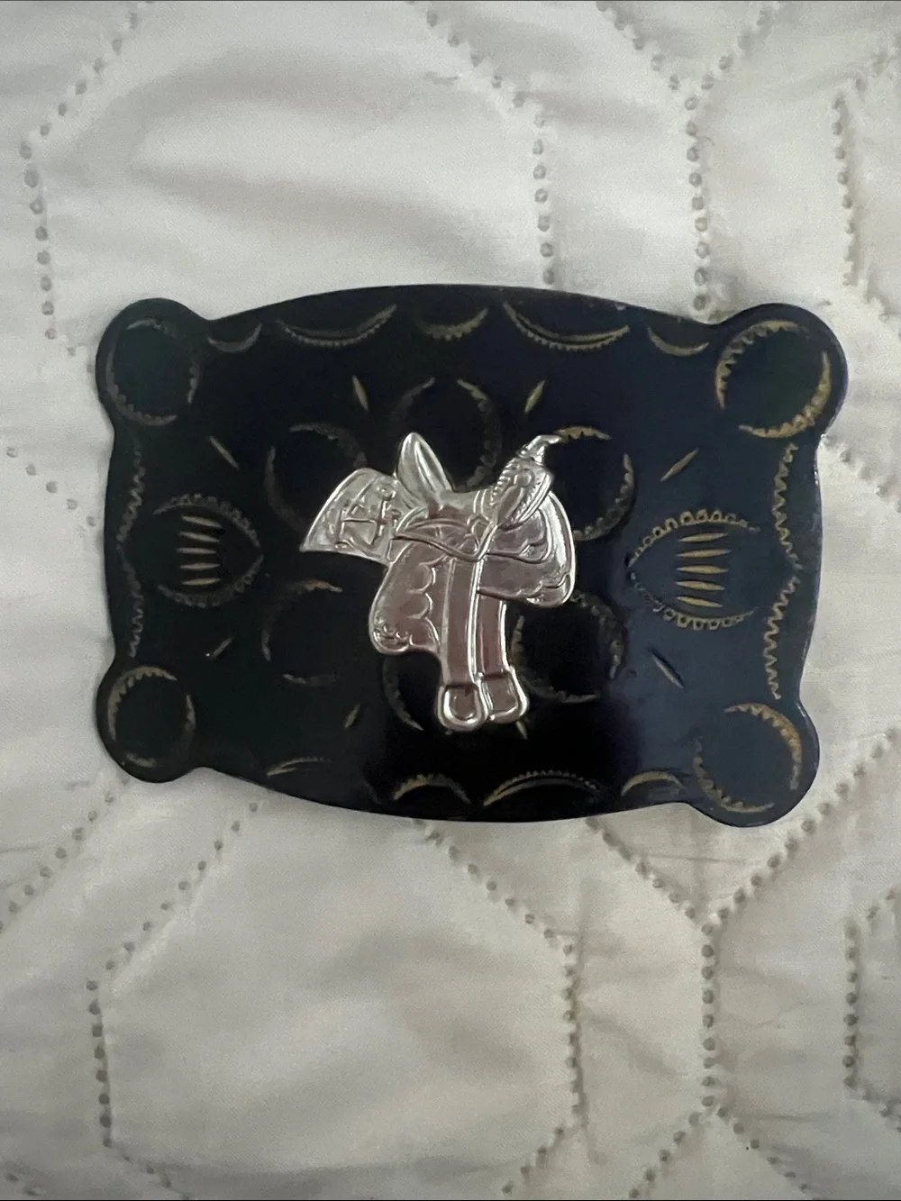 Vintage Western Saddle Cowboy Belt Buckle - Black and Silver